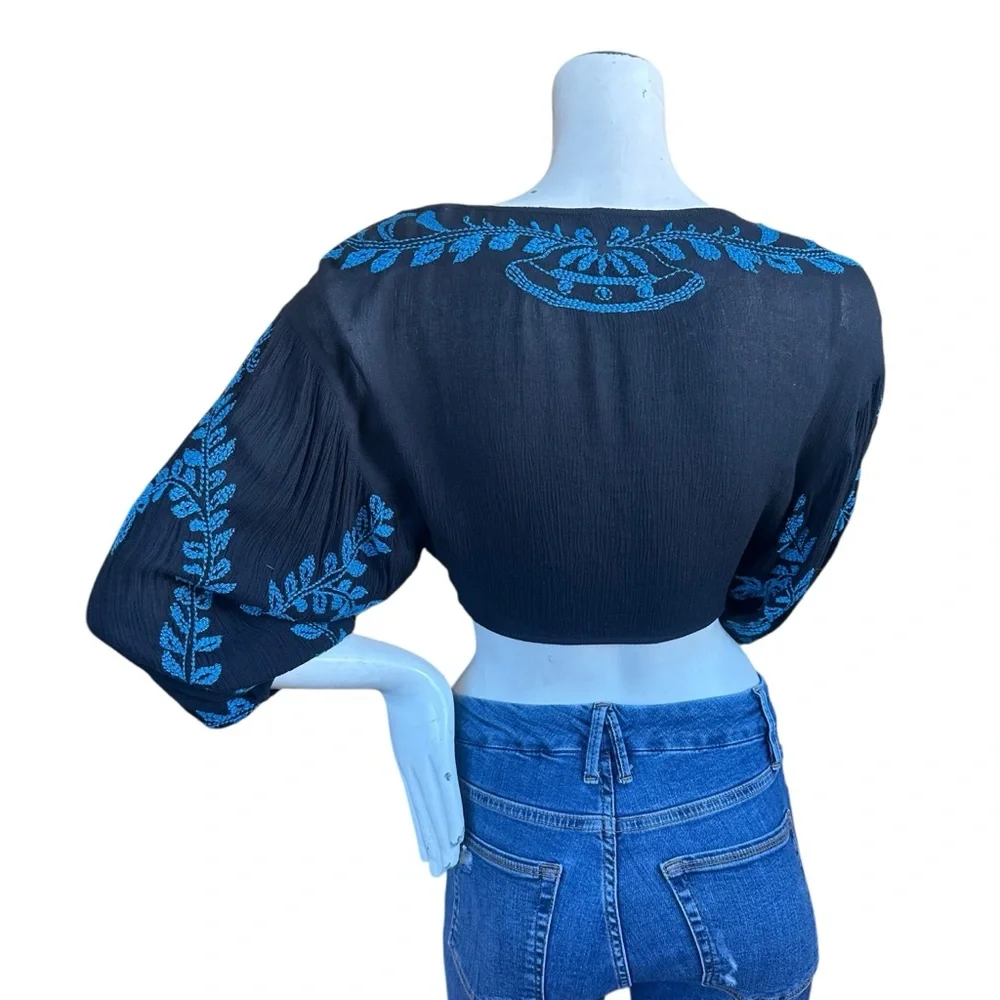 Free People Black Blue Gauze Embroidered Fairy Puff Sleeve Button Down Crop Top